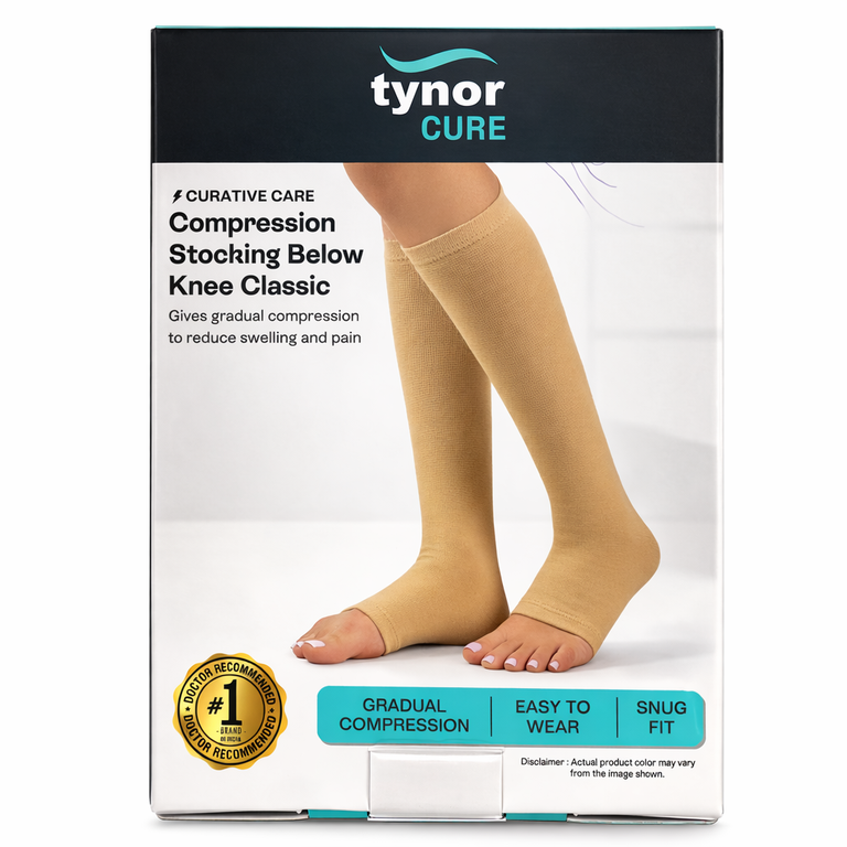 Tynor CURE Compression Stocking Below Knee Classic Open Toe, Size M (27.9 to 34.2 cm)
